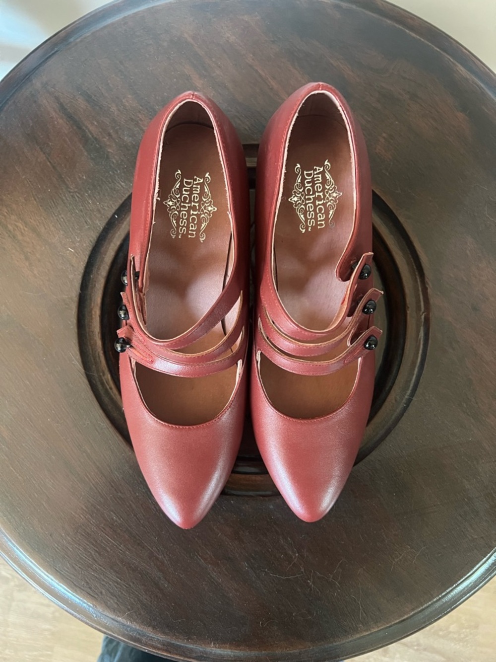 Classic Burgundy Mary Jane Heels with Triple Strap Detail - Picture 2 of 2